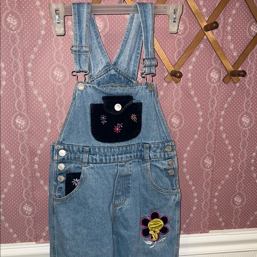 Vintage Tweety bird Embroidered Denim Overalls with Floral Design